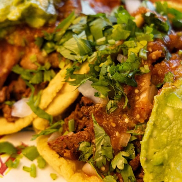 Close-up of Que Vida Taqueria's Mexican tacos with meat, salsa, cilantro, and guacamole.