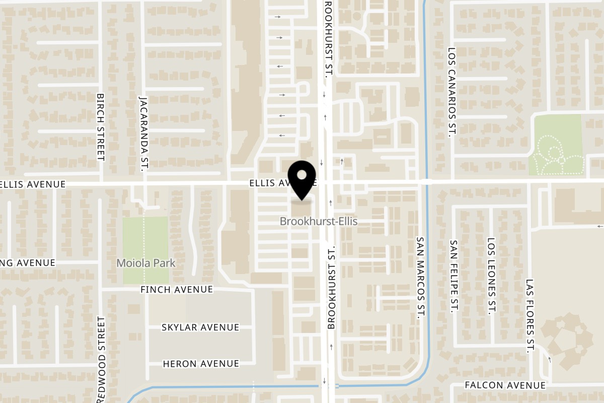 Map showing the location of Que Vida Taqueria on 18517 Brookhurst St in Fountain Valley